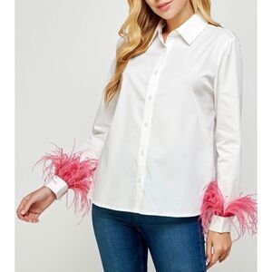 White Button-Up Shirt with Pink Feather Accents